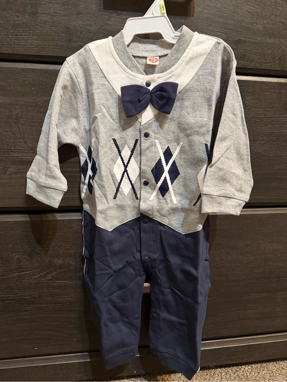 SHEIN Gray & Navy Argyle Bow One-Piece Bodysuit